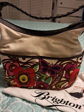 BEAUTIFUL BRIGHTON CANVAS BAG FLORAL EMBROIDERY BRAIDED STRAP DUST BAG